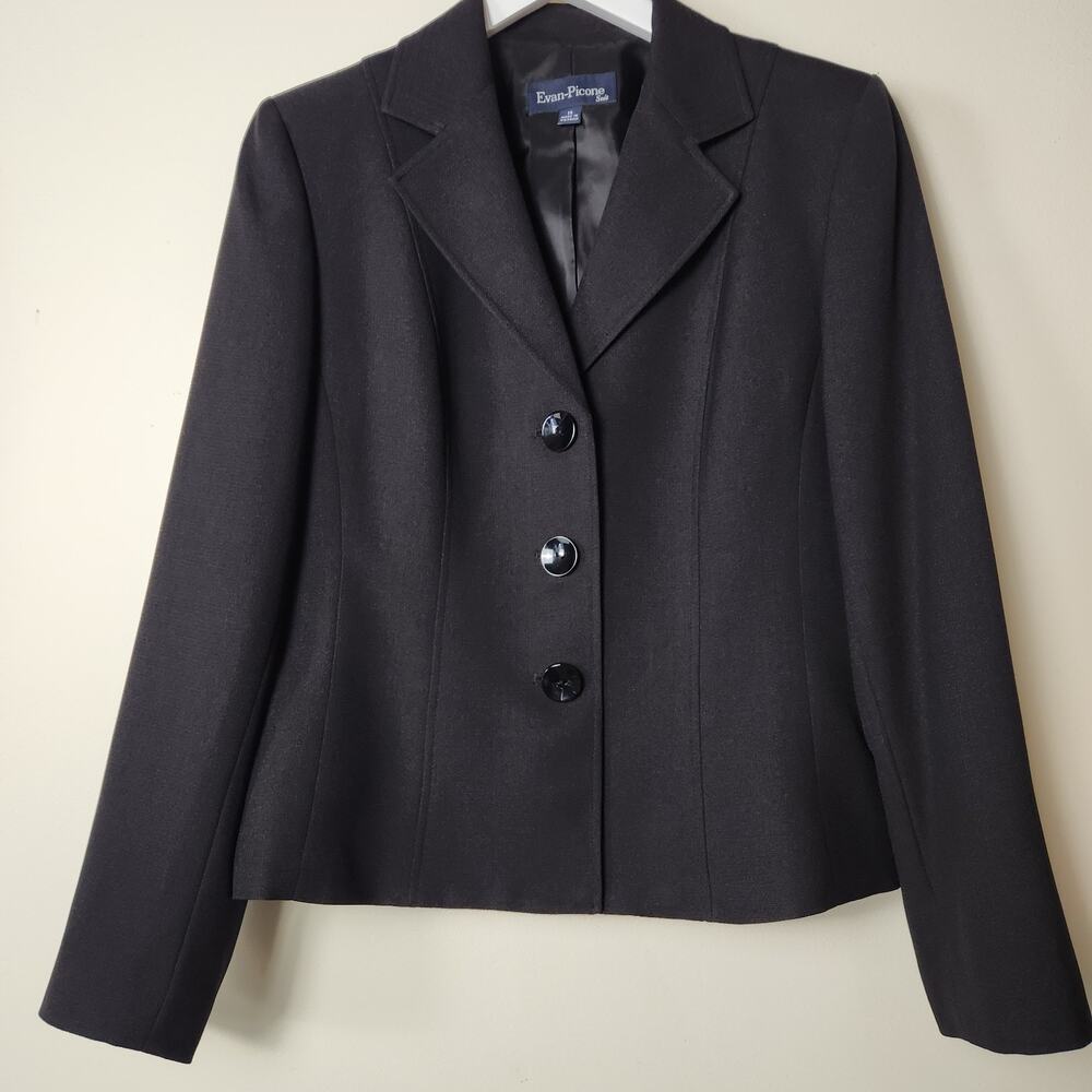 Evan Picone Womens Skirt Suit Sz 14 Blk Blazer Jacket Career Business Polyester